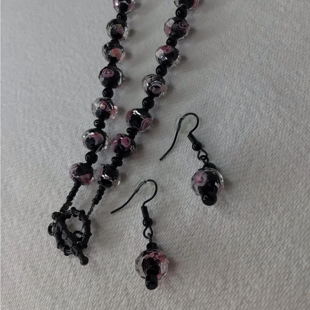 Black and Pink Crystal Necklace & Earring Set